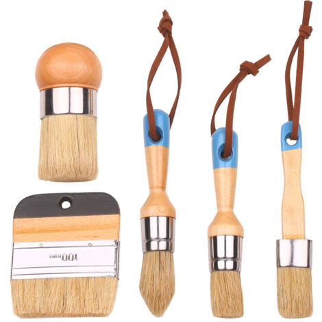 Juego de 5 brochas para el hogar que incluye brochas redondas, puntiagudas y planas con mangos ergonómicos. Herramienta ideal para pintar y encerar muebles, paredes y vallas.