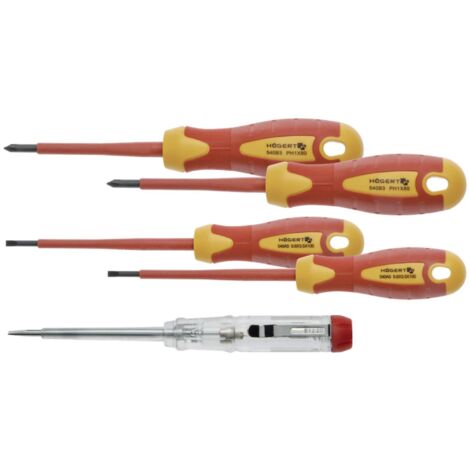 Juego de 5 destornilladores aislados 1000V Hogert, modelo S2, ideal para trabajos eléctricos, seguros y duraderos, mango ergonómico, herramienta precisa para alta seguridad.