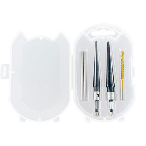 Juego de 5 escariadores cónicos manuales (3-13 mm y 5-16 mm) para orificios de clavijas de puente. Mango en T desmontable. Ideal para cortar tubos de madera, plástico y PVC en guitarras.