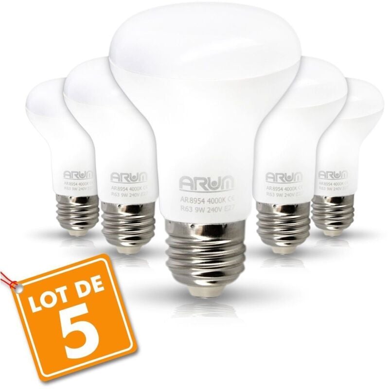 

Juego de 5 focos LED R63 E27 9W Eq 60W | Temperatura de color: 4000K blanco neutro