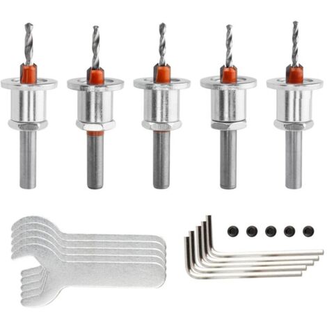 Juego de 5 fresas con tope de profundidad ajustable, vástago de 8 mm, 90°, fresas de 2,8 mm, 3 mm, 3,2 mm, 3,5 mm y 4 mm.