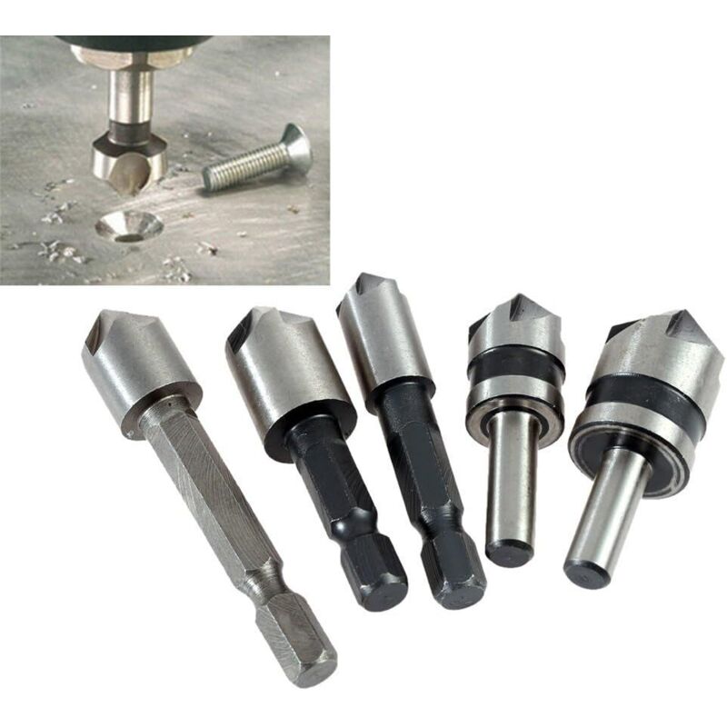 Juego de 5 fresas cónicas para madera y plástico, Ø 6,35 mm, 6 mm / 8 mm / 9 mm / 13 mm / 16 mm / 19 mm, 82 grados - Plata