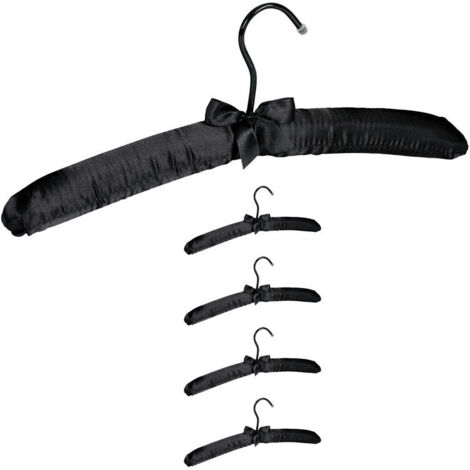 Juego de 5 perchas giratorias con forro de satén y lazo decorativo, fabricadas en madera, tela y metal, 38 cm de ancho, color negro
