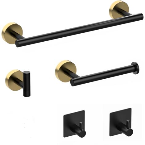 Juego de 5 piezas para toallero: barra para toallas de 40 cm, portarrollos de papel higiénico, gancho de pared, percha, color negro y dorado.