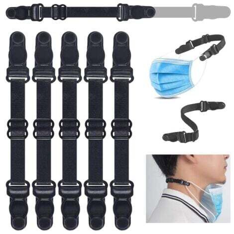 Juego de 5 presillas ajustables para mascarillas - Ganchos para las orejas - Banda elástica extensible, reduce la presión y mejora la comodidad (negro)