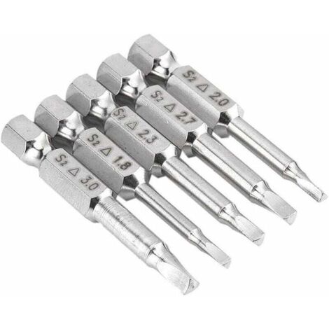 Juego de 5 puntas de destornillador triangulares magnéticas ZVD de acero S2 (vástago hexagonal de 1,8 mm, 2 mm, 2,3 mm, 2,7 mm, 3 mm y 6,35 mm) y 50 mm de longitud.