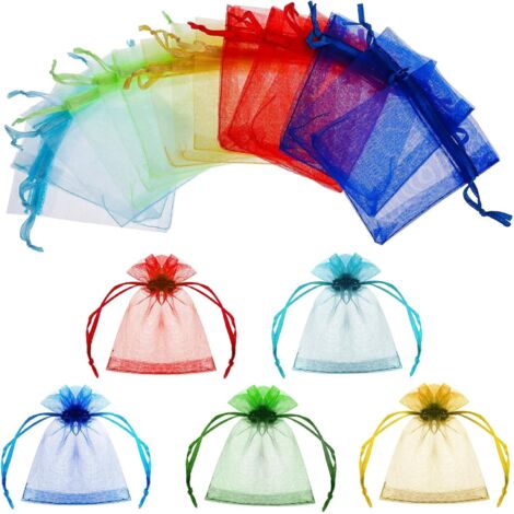 Juego de 50 bolsitas pequeñas de organza (7 x 9 cm) en colores surtidos, con cierre de cordón, perfectas para regalar joyas, detalles de boda, caramelos, conchas marinas, chocolates… Bolsitas de malla