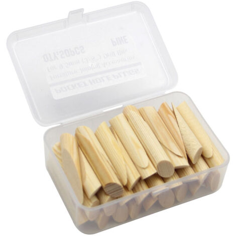 Juego de 50 tacos de madera maciza con caja de almacenamiento. Tacos de pino de 9,5 mm para plantillas de perforación, accesorios de montaje para carpintería y fabricación de muebles.