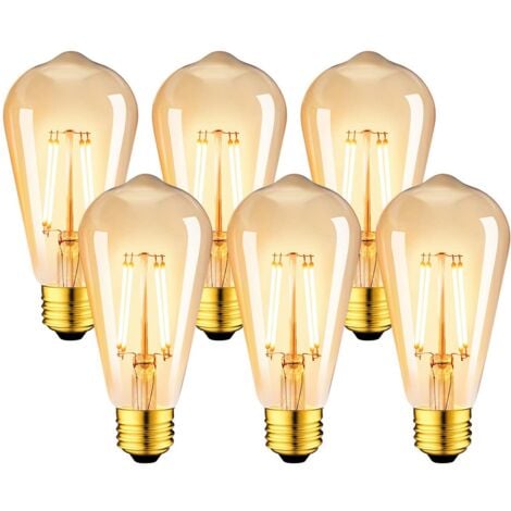 Juego de 6 bombillas LED Edison Vintage E27 de 6W - Bombilla de filamento ST64 2200K Blanco Cálido - Equivalente a una bombilla Incandescente de 48W