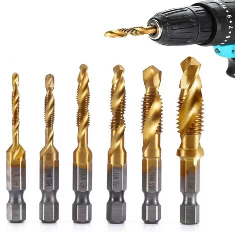 Juego de 6 brocas con revestimiento de titanio, machos de roscar de acero de alta velocidad, vástago hexagonal M3 a M10, para madera, plástico y metal, cambio rápido.