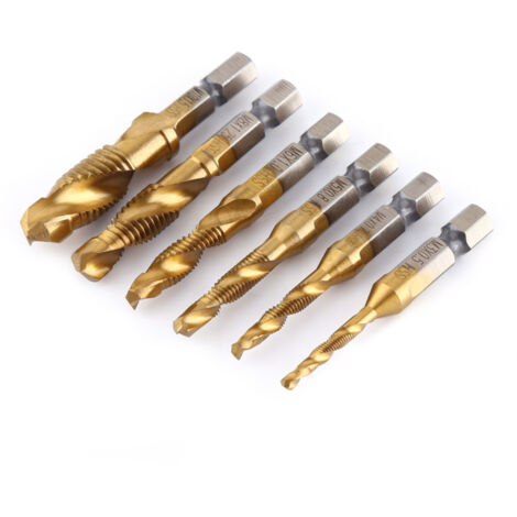 Juego de 6 brocas y machos de roscar métricos M3-M10 de acero de alta velocidad con revestimiento de titanio, vástago hexagonal de 6,35 mm (1/4").