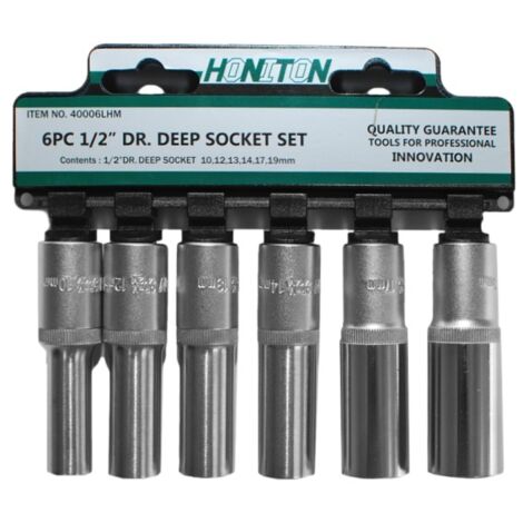 Juego de 6 casquillos largos 1/2", Honiton, modelo 4006, ideal para trabajos en profundidad, fabricados en acero de alta resistencia, durabilidad y precisión profesional.