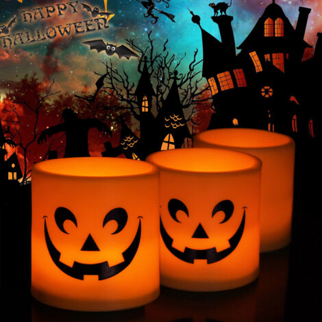 Juego de 6 farolillos LED de calabaza para decoración del hogar, Halloween, simulación creativa, impresión, vela electrónica con carita sonriente