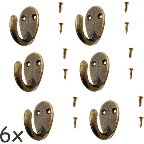 Juego de 6 ganchos antiguos para abrigos y toallas, de bronce, latón y hierro, estilo rústico vintage, estilo retro ovalado.