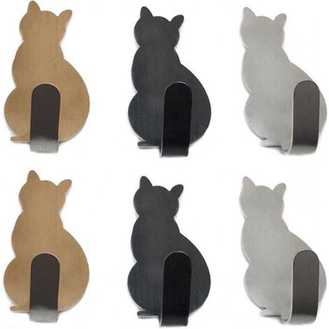 Juego de 6 ganchos para toallas de acero inoxidable con diseños de gatos pequeños, ganchos decorativos de pared para el hogar, la cocina y el baño.