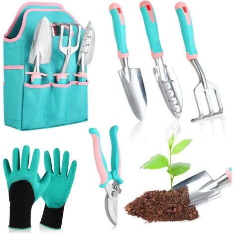 Juego de 6 herramientas de jardinería de acero inoxidable – Kit de jardinería para adultos con bolsa de almacenamiento – Pala de jardinería ergonómica para plantas y huertos