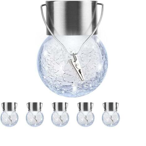 Juego de 6 luces solares colgantes para exterior, impermeables, con asa y clip, bolas decorativas de cristal agrietado para decoración navideña, árbol, patio y jardín.