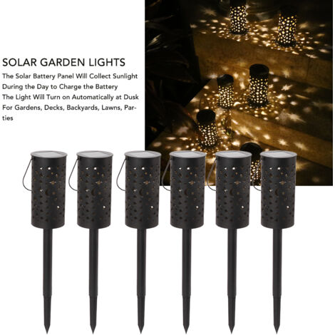 Juego de 6 luces solares LED para jardín con bases de hierro e iluminación automática para caminos y patios.