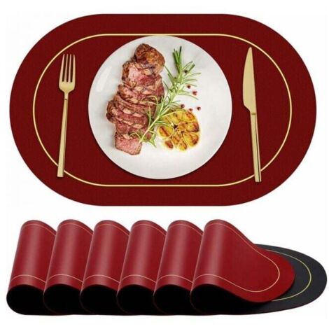 Juego de 6 manteles individuales ovalados de piel lavable, color rojo burdeos, posavasos, decoración de mesa