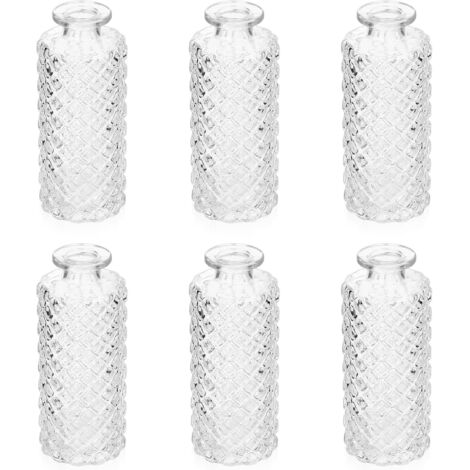 Juego de 6 mini jarrones de cristal transparente de estilo vintage, perfectos para la decoración de mesas o como centro de mesa para una boda o un ramo de flores.