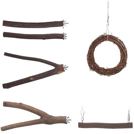 Juego de 6 perchas de madera natural para pájaros, soporte circular, columpio, juguetes para cacatúas y cotorras