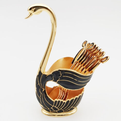 Juego de 6 piezas de cubertería para café y cuchara de postre con soporte decorativo en forma de cisne (negro y dorado).