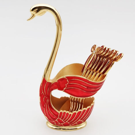 Juego de 6 piezas de cubertería para café y cuchara de postre con soporte decorativo en forma de cisne (rojo y dorado).