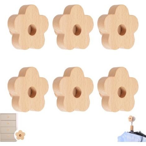 Juego de 6 piezas: ganchos de madera maciza, pomos de madera con estampado floral, asa de haya de un solo orificio, asas de madera con estampado floral, asas de haya de un solo orificio, pomos de made