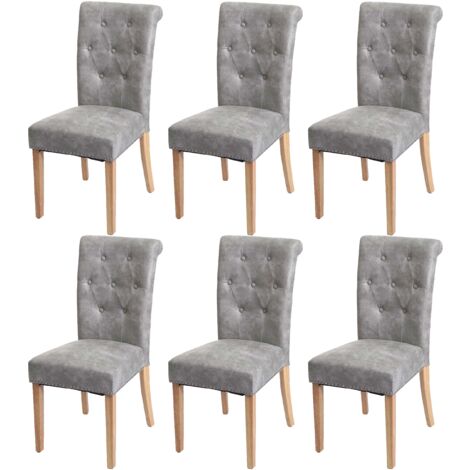 Juego de 6 sillas de comedor con remaches metálicos decorativos en tela gris claro, patas claras 040007620