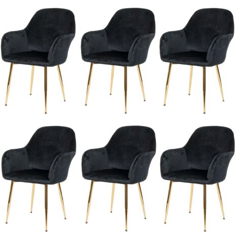 Juego de 6 sillas de comedor de diseño retro asiento y respaldo redondeados en terciopelo negro patas doradas 040000826