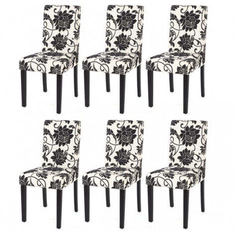 Juego de 6 sillas de comedor en tela estampada blanca y negra, patas oscuras CDS04222
