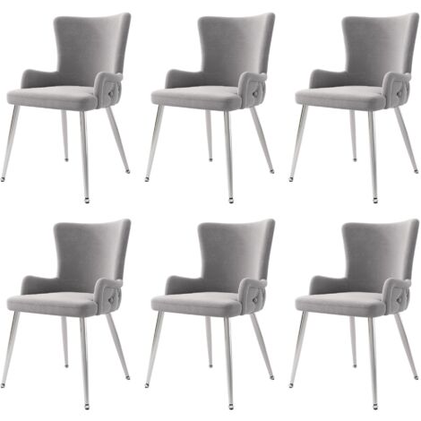 Juego de 6 sillas de comedor minimalistas modernas de terciopelo gris con cuatro patas de metal plateado, ideales para oficina en casa, sala de estar y dormitorio.