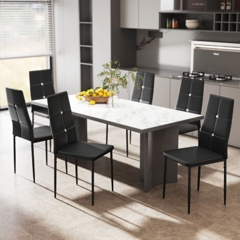 Juego de 6 Sillas de Comedor Tapizada en PU con Respaldo Alto con Botones y Patas de Acero Diseño Moderno Negro