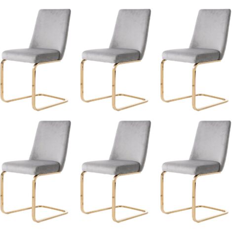 Juego de 6 sillones de terciopelo, tapizados en gris con respaldo en forma de diamante y soporte de metal dorado, ideal para sala de estar, dormitorio, estudio u oficina.