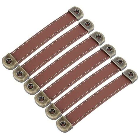 Juego de 6 tiradores de cuero Tiradores de cuero vintage para muebles - Tiradores de armarios Tiradores de cuero Tiradores para muebles de cocina Marrón Distancia entre centros 128mm