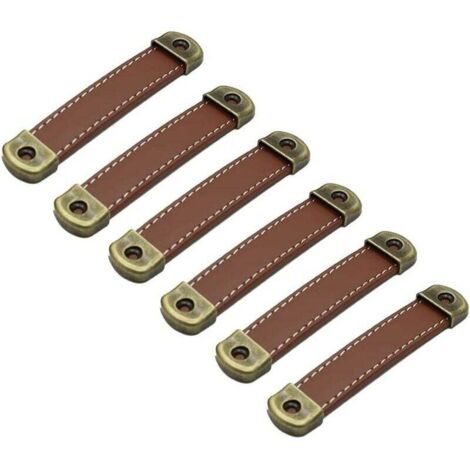 Juego de 6 tiradores de cuero Tiradores de cuero vintage para muebles - Tiradores de armarios Tiradores de cuero Tiradores para muebles de cocina Marrón Distancia entre centros 96mm