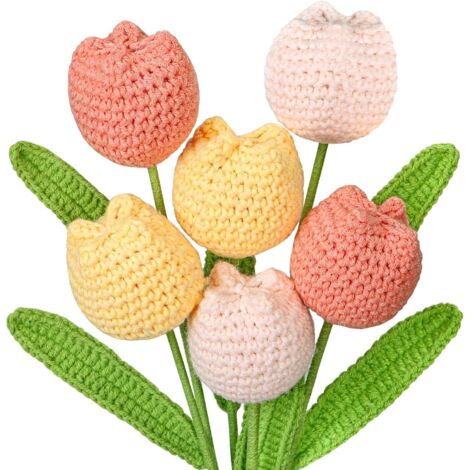 Juego de 6 tulipanes de ganchillo, flores artificiales, flores artificiales de punto suave, tulipanes, plantas, flores artificiales tejidas, regalo para mamá, amigos, hogar, oficina, jarrón, decoració