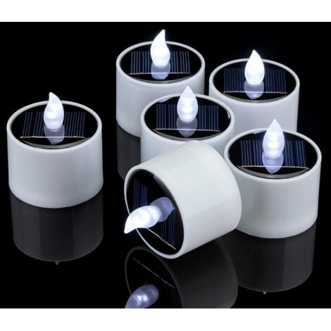 Juego de 6 velas solares recargables, impermeables y sin llama, con LED intermitentes, decorativas para uso exterior, luz blanca fría.