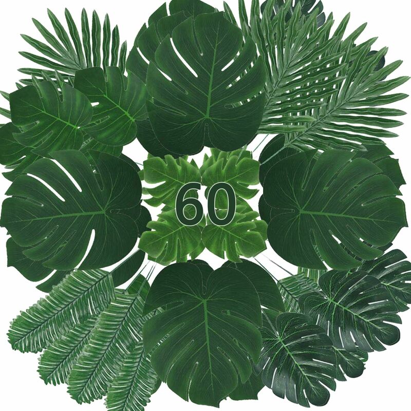 

Juego de 60 hojas de palmera tropical artificial, hojas de monstera con tallos para decoración de fiestas tropicales o safari