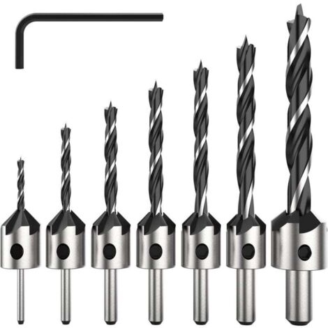 Juego de 7 brocas avellanadoras HSS de 5 flautas. Broca avellanadora para tornillos de madera de varias longitudes. Simplemente afloja y vuelve a apretar el tornillo. Juego de herramientas de 3-6 mm.