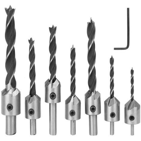 Juego de 7 brocas avellanadoras para carpintería, herramienta de chaflán de 5 filos con llave hexagonal.