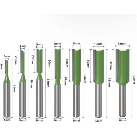 Juego de 7 brocas profesionales para fresar madera (3-12 mm) - Vástago de 6 mm, doble flauta - Para fresadoras y carpintería