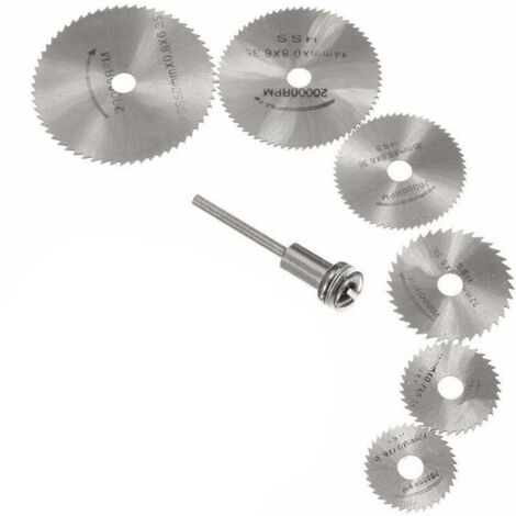 Juego de 7 discos circulares miniatura de acero HSS para taladros y herramientas rotativas con mandriles, color negro.