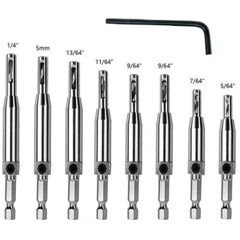 Juego de 8 brocas de centrado, punzón cónico autocentrante para bisagras, herramienta de carpintería para puertas de armarios: 5/64'', 7/64'', 9/64'', 11/64'', 13/64'', 5 mm, 1/4''