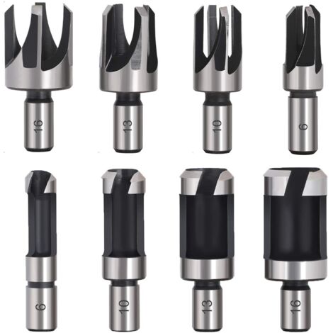 Juego de 8 brocas para tapones de madera HSS de acero al carbono, brocas cónicas para tapones de madera, brocas para tapones de madera de 6 mm, 10 mm, 13 mm y 16 mm.