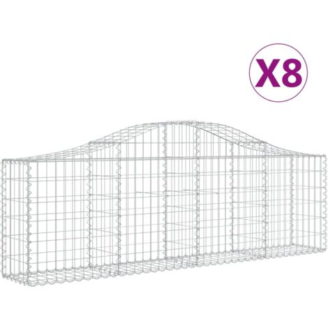 Juego de 8 cestas de gaviones, valla de jaula, muro de contención arqueado, 200 x 30 x 60/80 cm, hierro galvanizado, Plata 020041166