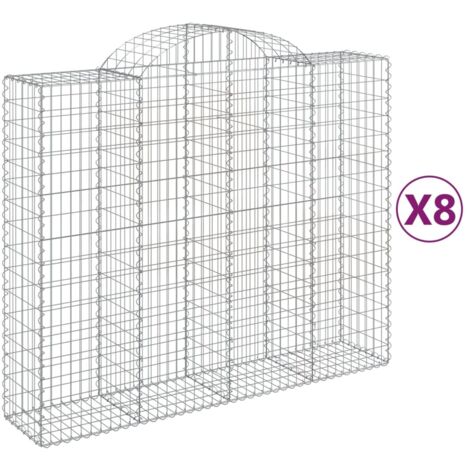 Juego de 8 cestas de gaviones, valla de jaula, muro de contención arqueado, 200 x 50 x 160/180 cm, hierro galvanizado, Plata 020041175