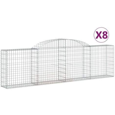 Juego de 8 cestas de gaviones, valla de jaula, muro de contención arqueado, 300 x 30 x 80/100 cm, hierro galvanizado, Plata 020041193
