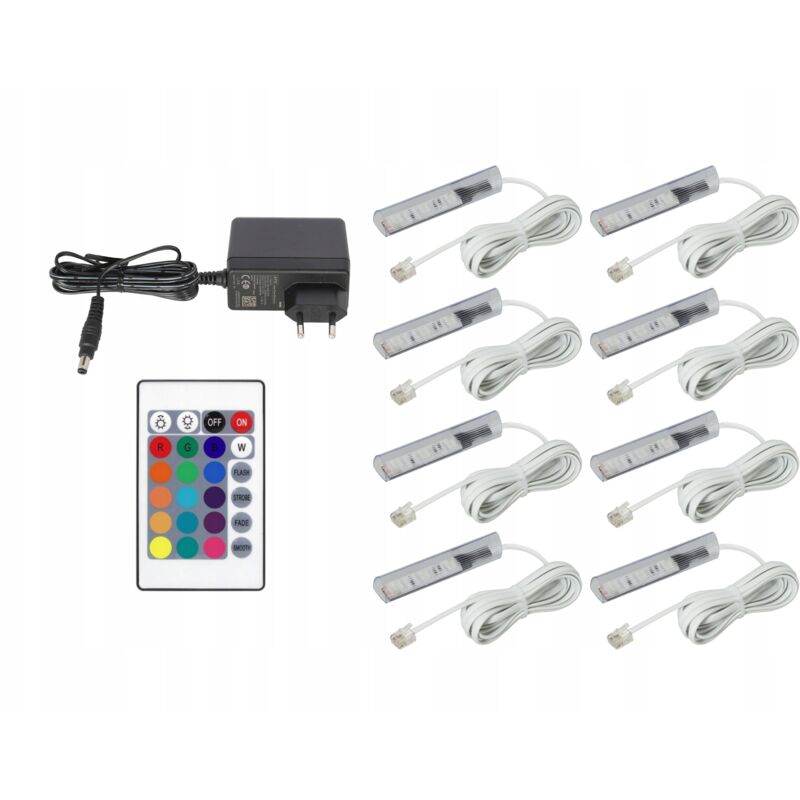 Juego de 8 clips LED RGB para estantes de cristal con cable blanco