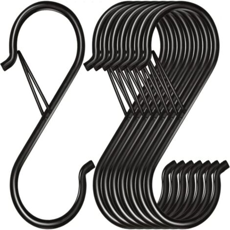 Juego de 8 ganchos metálicos en forma de S de 9 cm, resistentes y con cierre de seguridad, para colgar plantas, ropa, utensilios de cocina, ollas, sartenes y bolsos (negro).